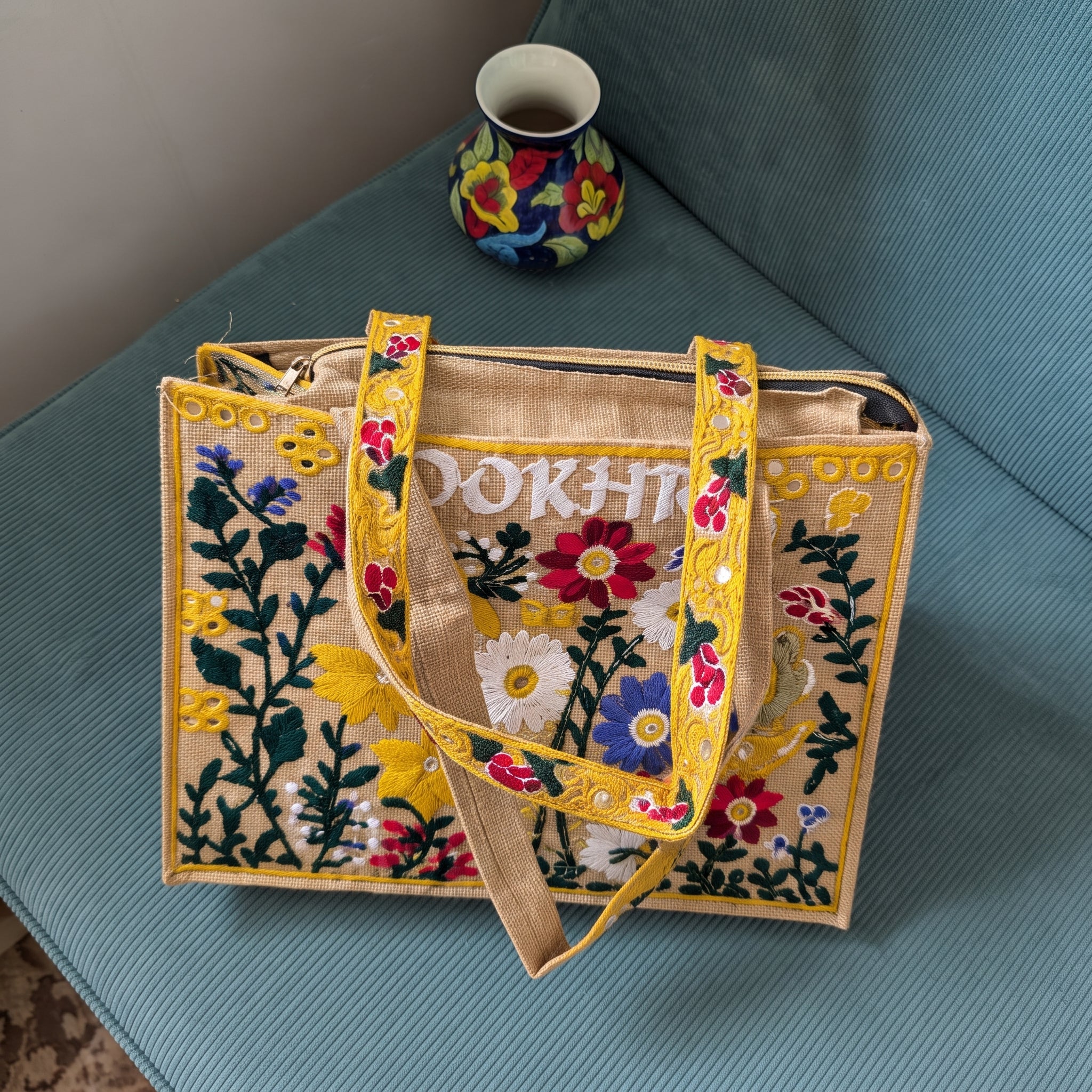 Handcrafted Jute Tote Bag with Traditional Multani Floral Embroidery