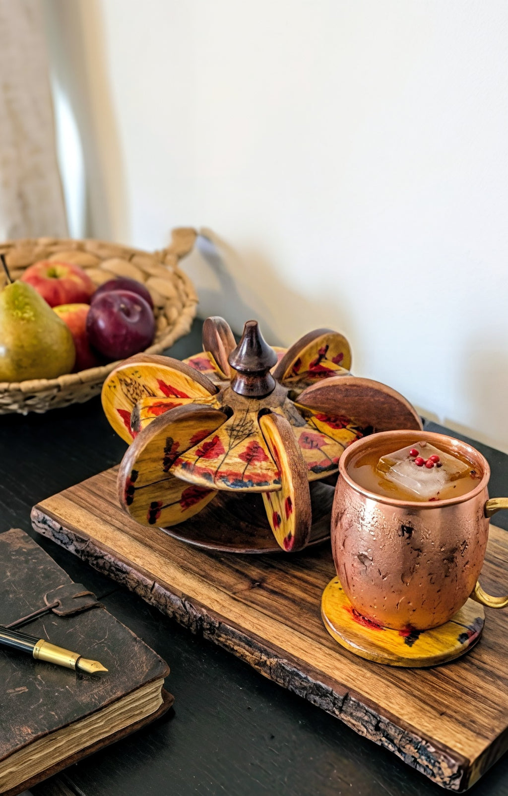 Handmade Wooden Coaster Set of 6 with Stand – Traditional Lacquer Art