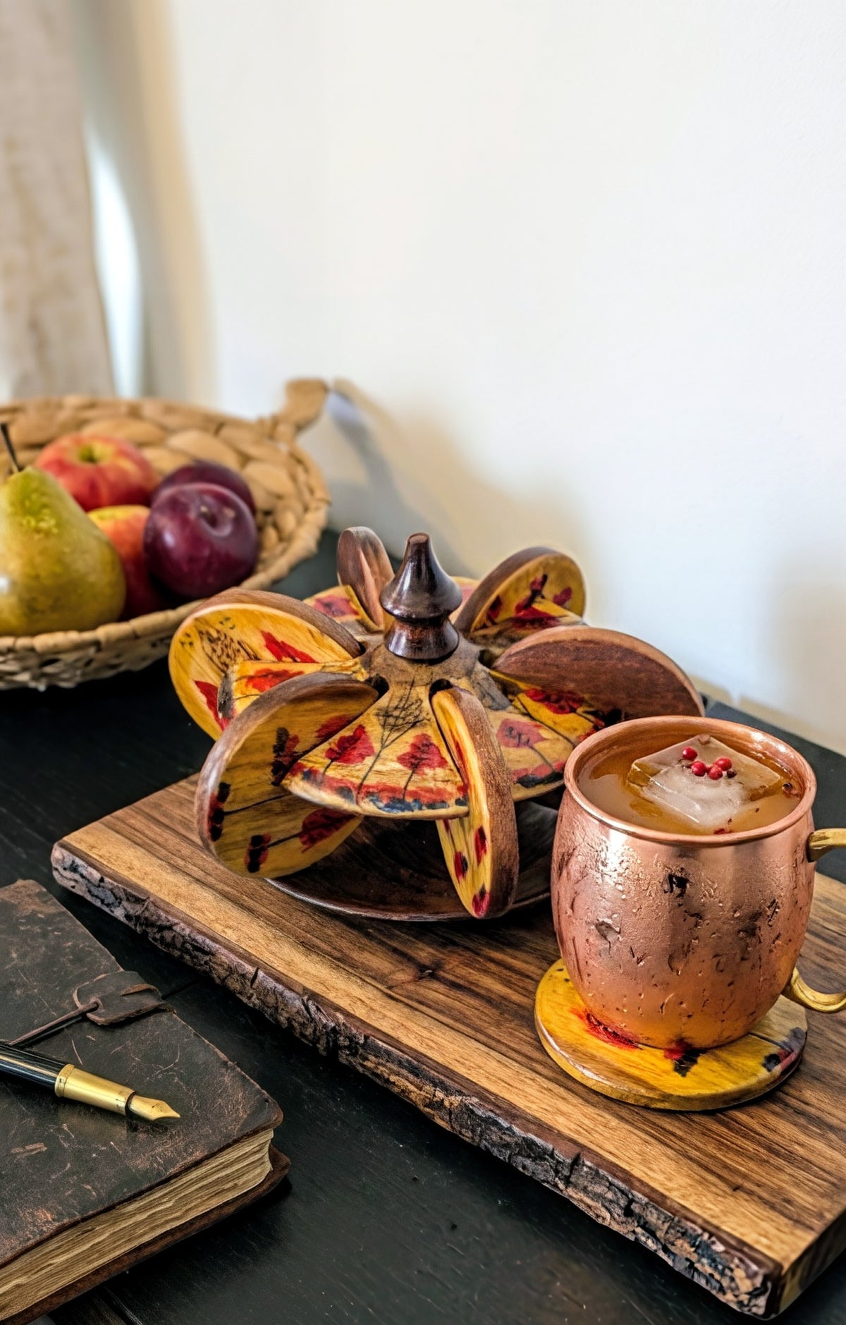 Handmade Wooden Coaster Set of 6 with Stand – Traditional Lacquer Art