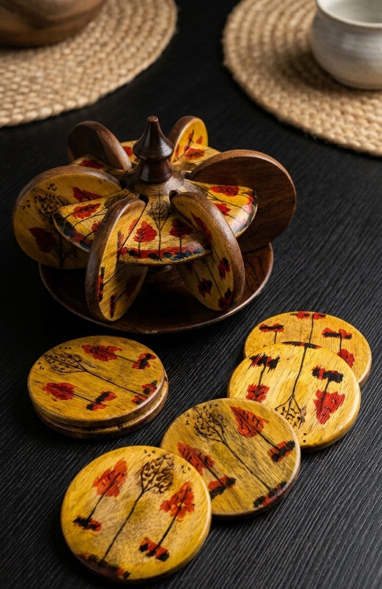 Handmade Wooden Coaster Set of 6 with Stand – Traditional Lacquer Art