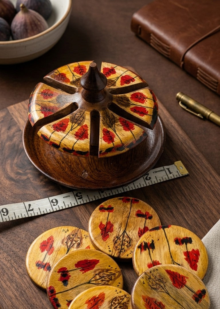 Handmade Wooden Coaster Set of 6 with Stand – Traditional Lacquer Art