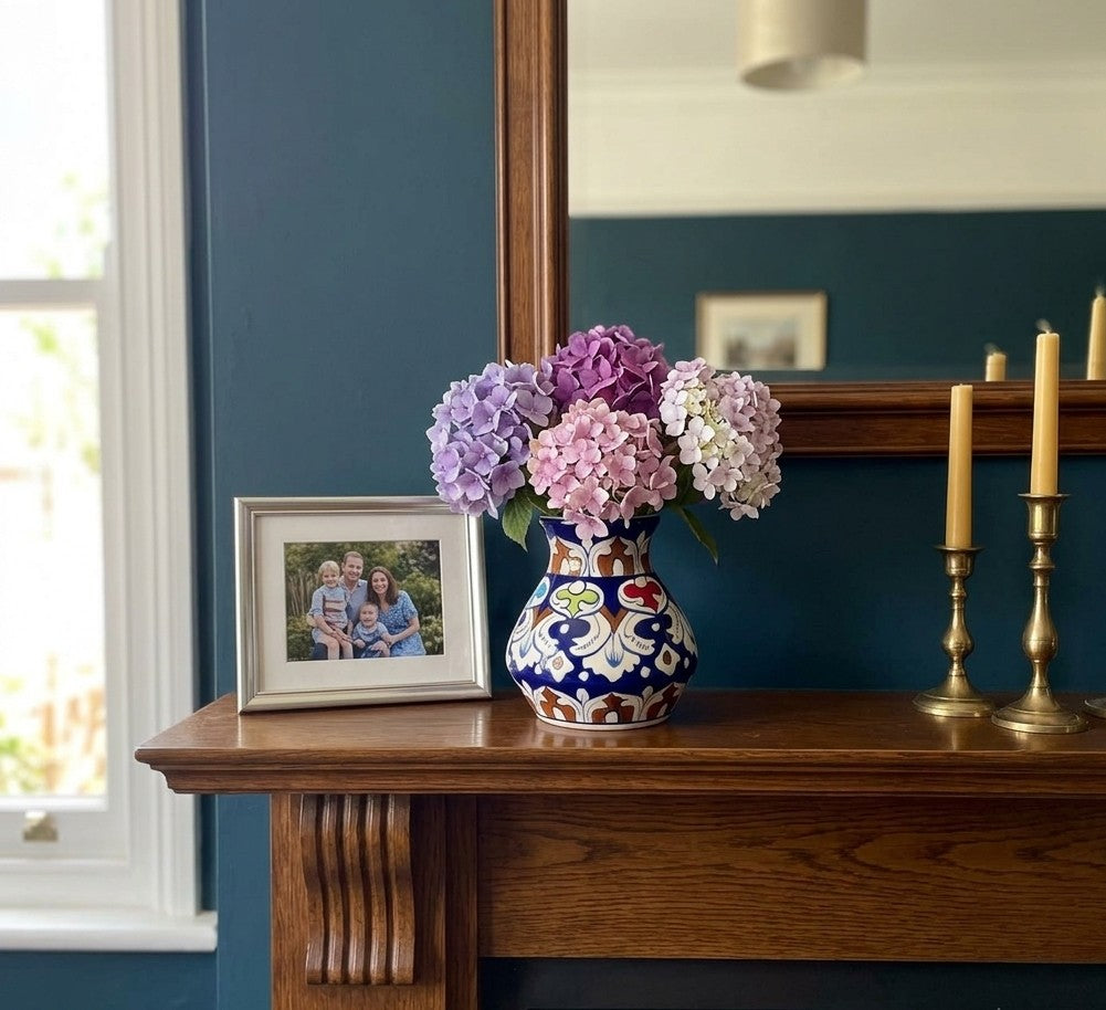 Hand-Painted Multani Ceramic Decorative Vase – Traditional Blue & Multi-Colour Leafy