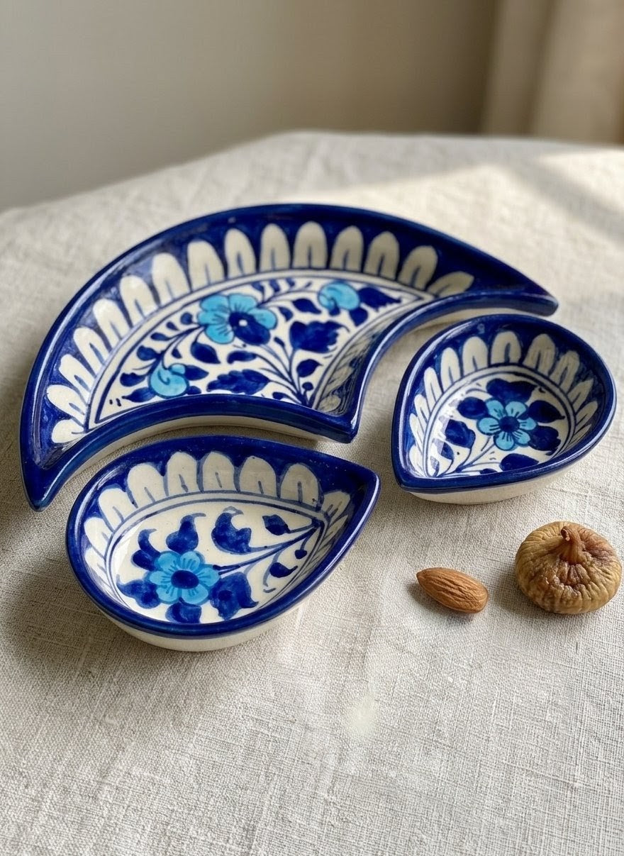 Handcrafted Multani Blue Pottery 3-Piece Serving & Snack Bowl Set