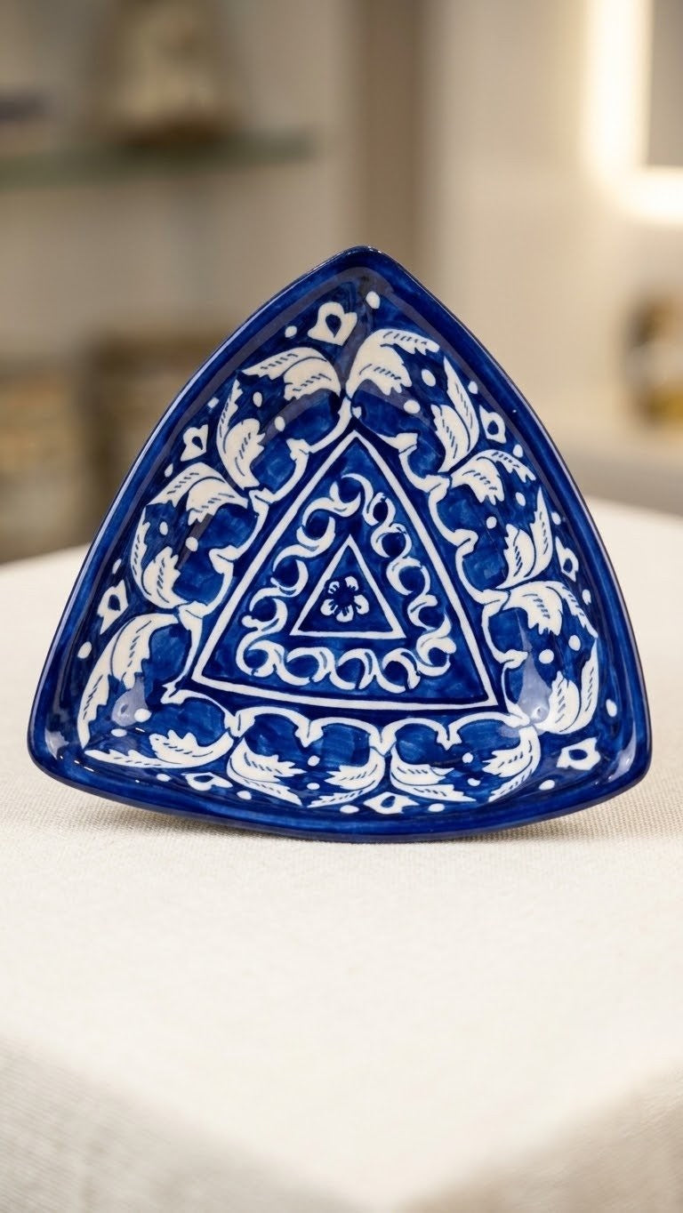 Handcrafted Multani Blue Pottery Ceramic Triangular Dish / Trinket Tray