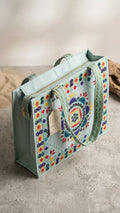 Handcrafted Light Blue Jute Tote Bag with Traditional Multani Geometric Embroidery