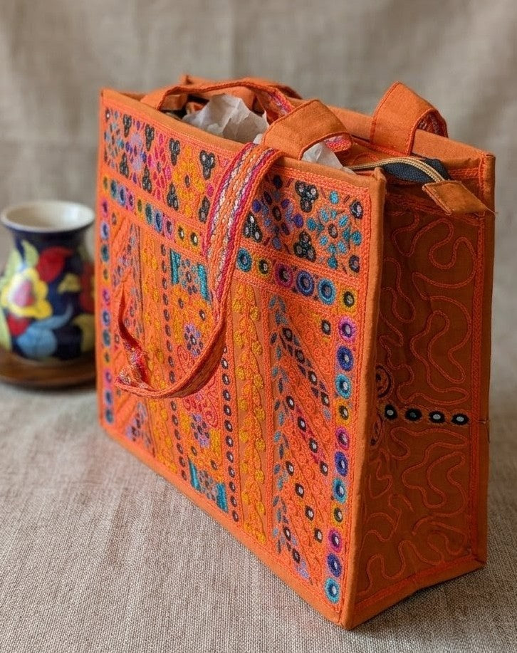 Handcrafted Orange Jute Tote Bag with Traditional Multani Geometric Embroidery