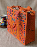 Handcrafted Orange Jute Tote Bag with Traditional Multani Geometric Embroidery