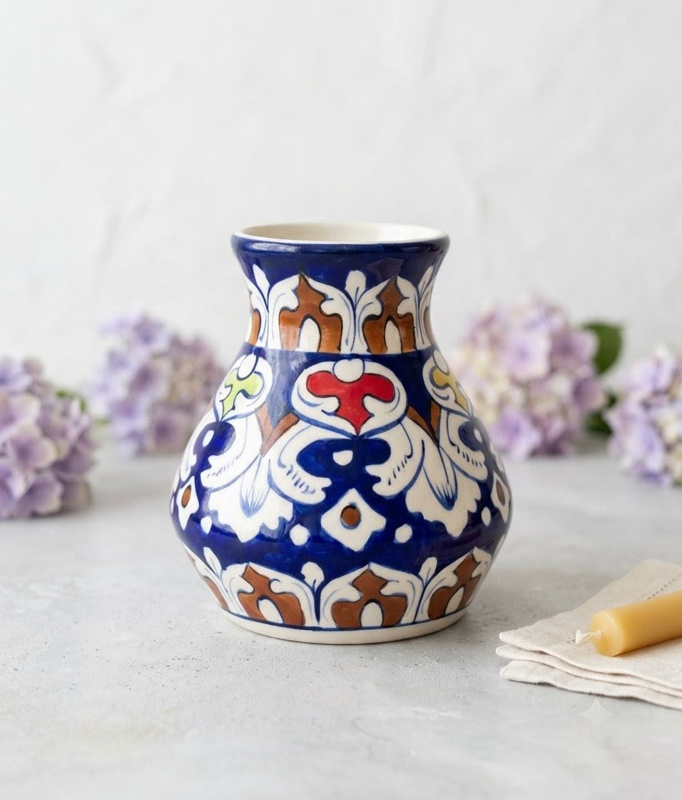 Hand-Painted Multani Ceramic Decorative Vase – Traditional Blue & Multi-Colour Leafy