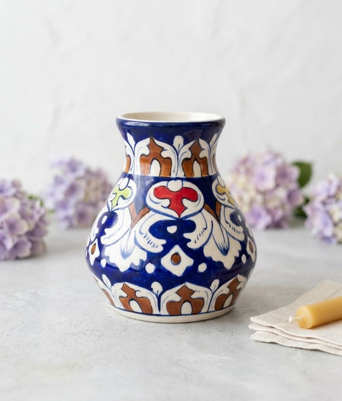 Hand-Painted Multani Ceramic Decorative Vase – Traditional Blue & Multi-Colour Leafy