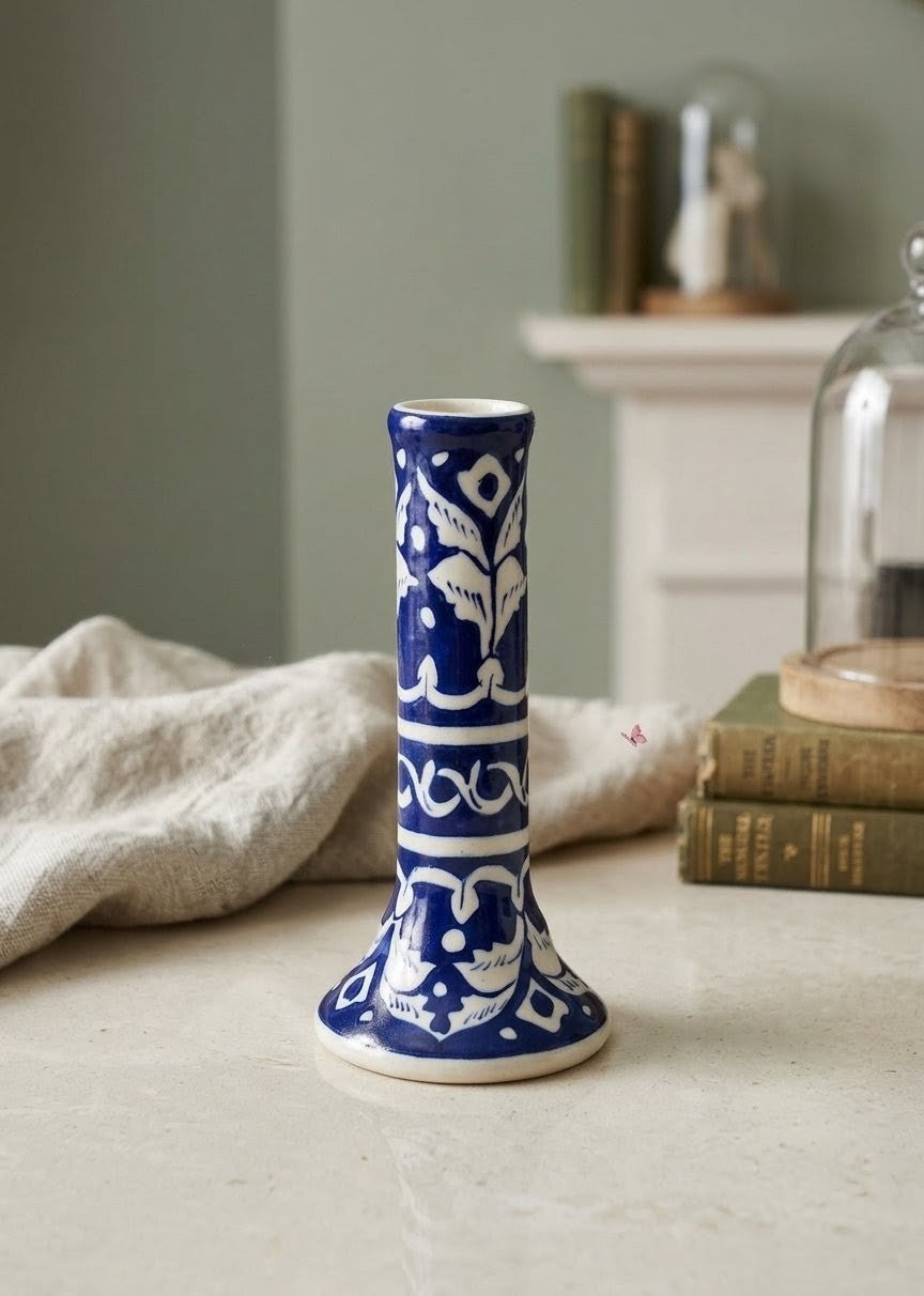 Traditional Hand-Painted Ceramic Candlestick / Bud Vase – Cobalt Blue Floral