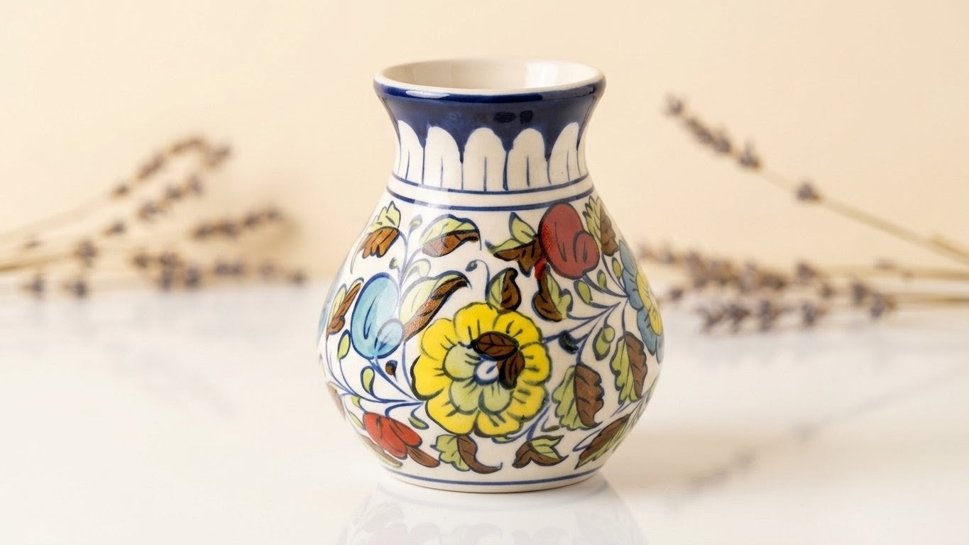 Hand-Painted Multani Ceramic Decorative Vase – Traditional Blue & Multi-Colour Floral Art