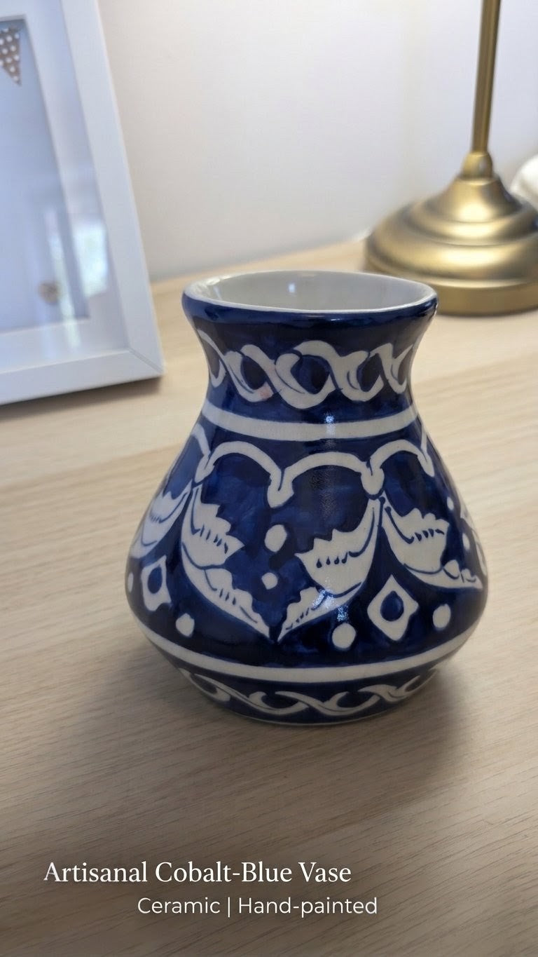 Hand-Painted Multani Ceramic Decorative Vase – Traditional Blue scrolling floral vines