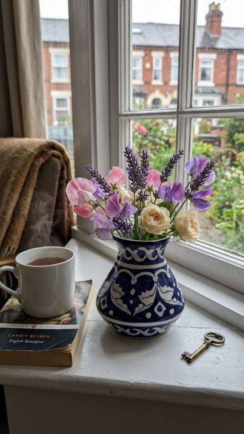 Hand-Painted Multani Ceramic Decorative Vase – Traditional Blue scrolling floral vines