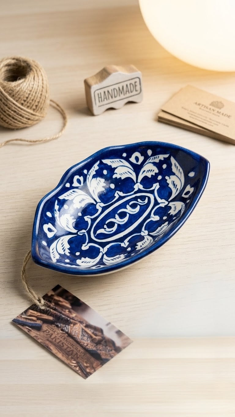 Handcrafted Multani Blue Pottery Ceramic Leaf Dish / Trinket Tray