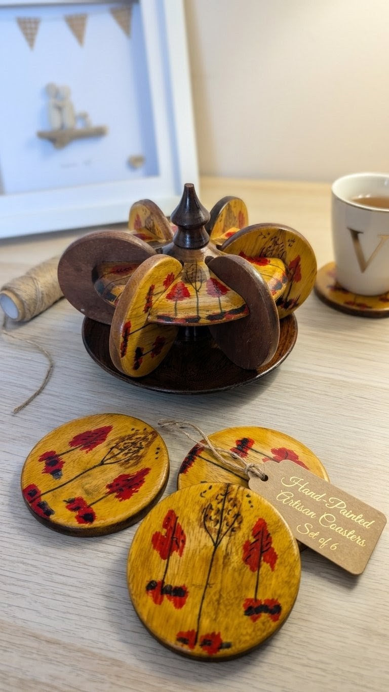 Handmade Wooden Coaster Set of 6 with Stand – Traditional Lacquer Art