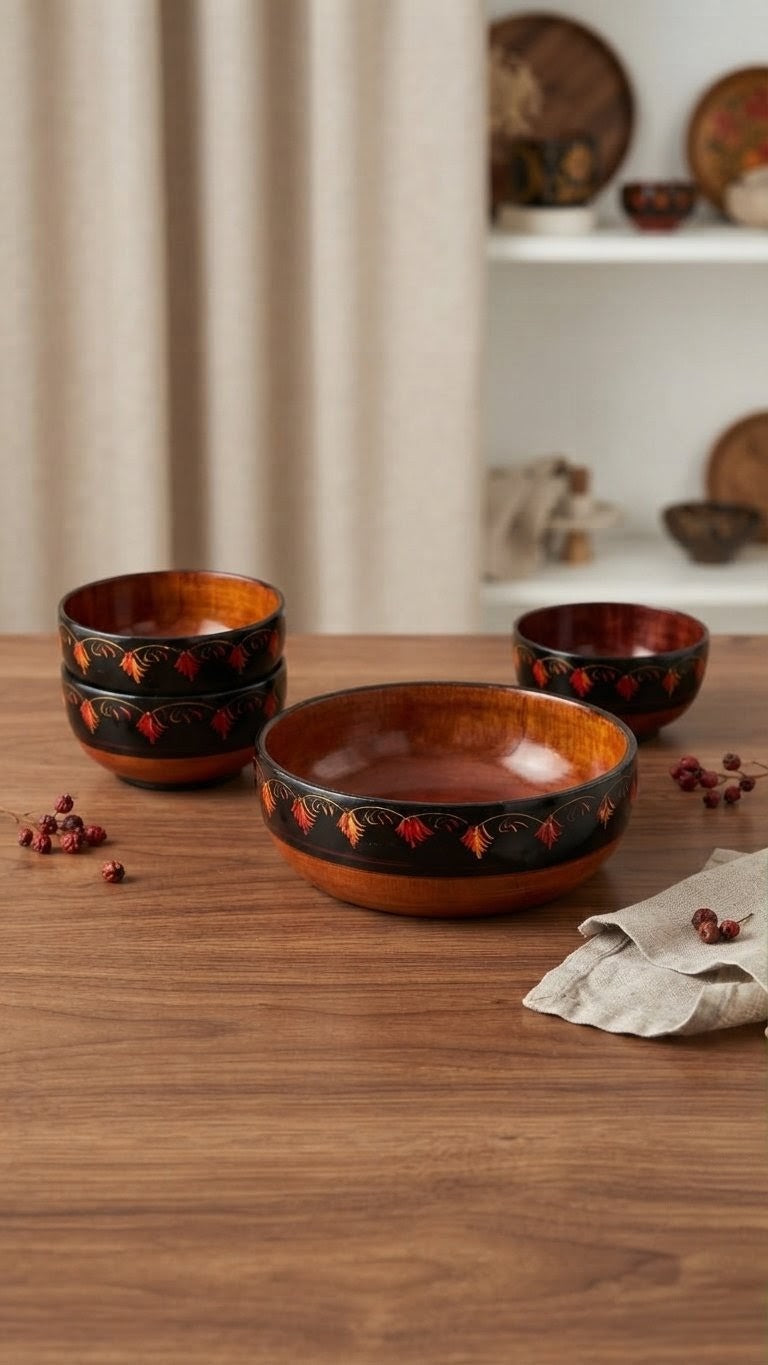 Handmade Wooden Bowl Set of 7 – Lacquer Art Serving Bowls (1 Large & 6 Small)