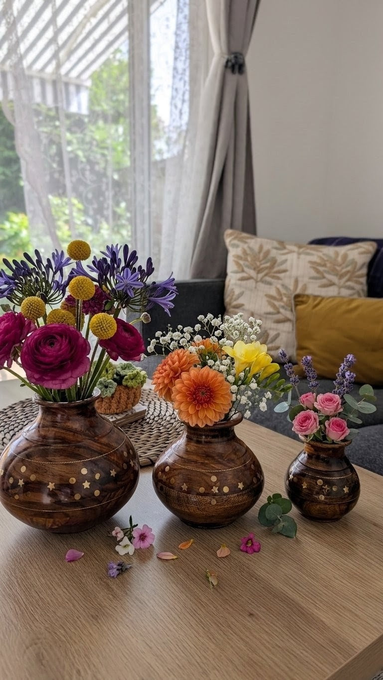 Hand-Turned Silanwali Wooden Vase Set (3-Piece) - Bras Inlay