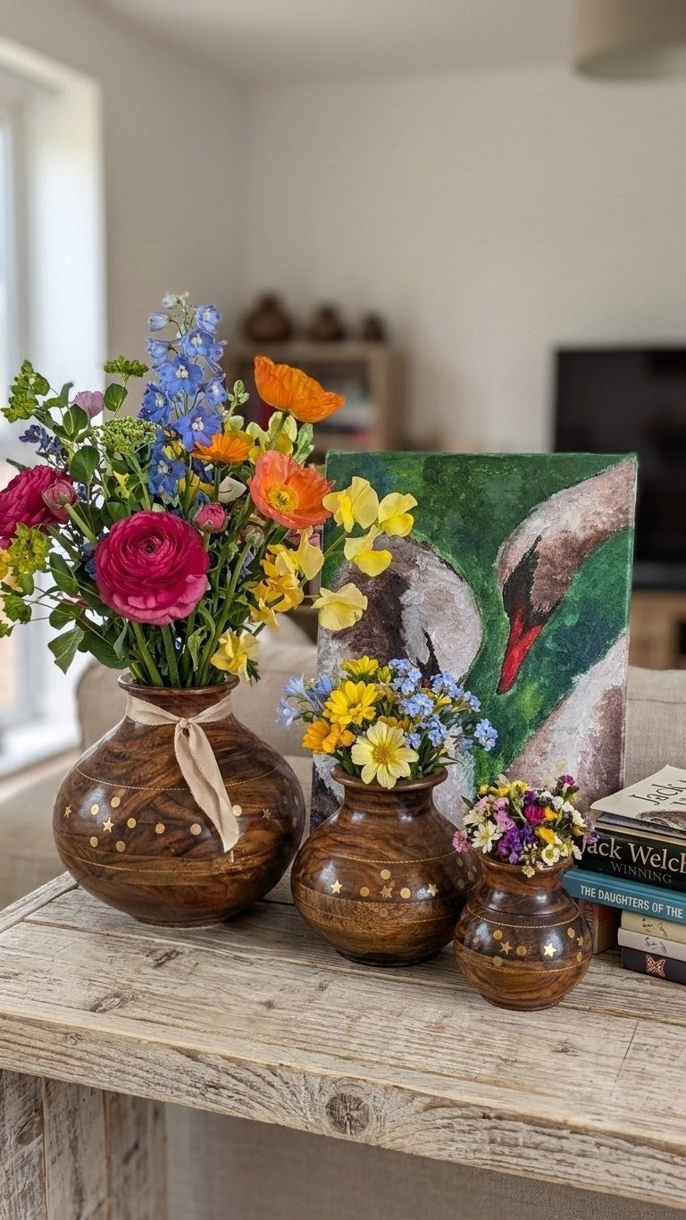 Hand-Turned Silanwali Wooden Vase Set (3-Piece) - Bras Inlay
