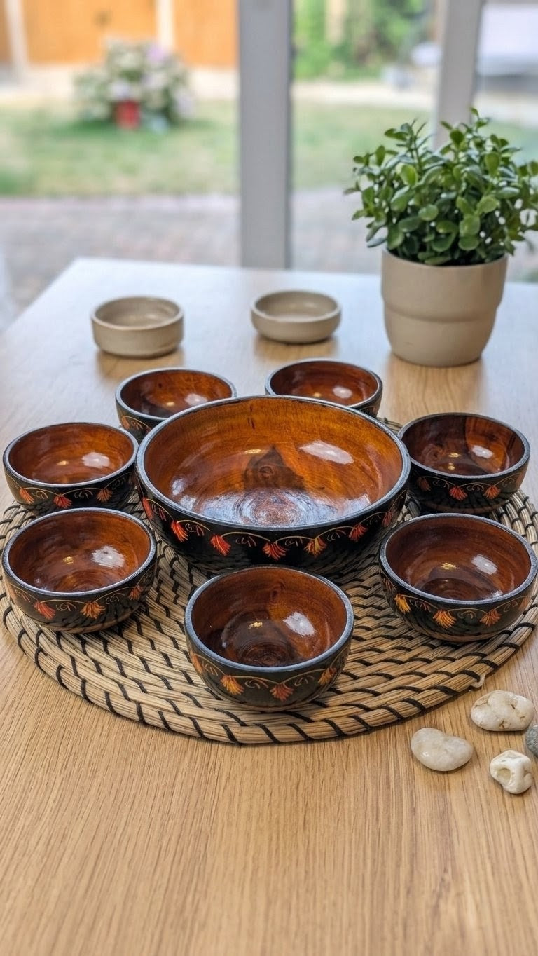 Handmade Wooden Bowl Set of 7 – Lacquer Art Serving Bowls (1 Large & 6 Small)