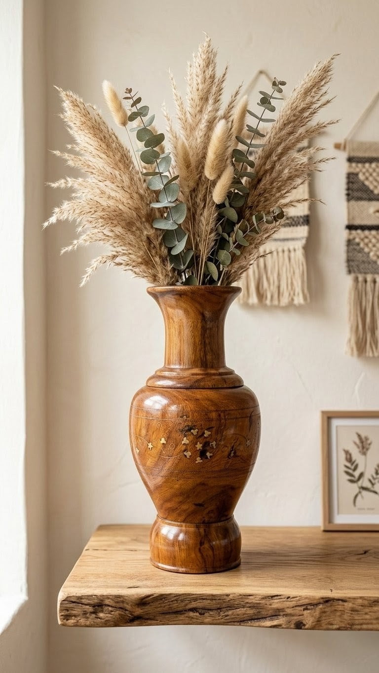 Hand-Turned Wooden Vase with Brass Inlay – Decor Accent (12 Inches)