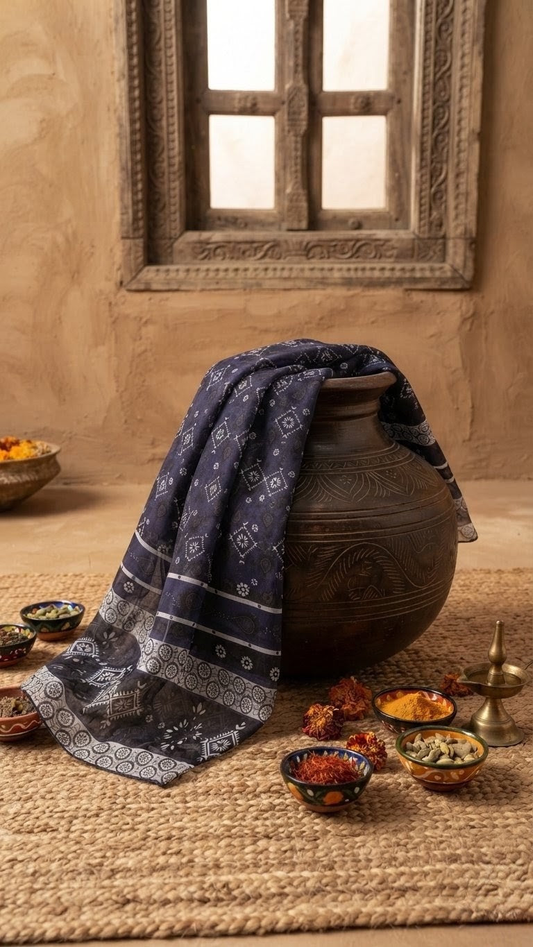 Handcrafted Sindhi Ajrak Block-Print Scarf / Shawl Blue