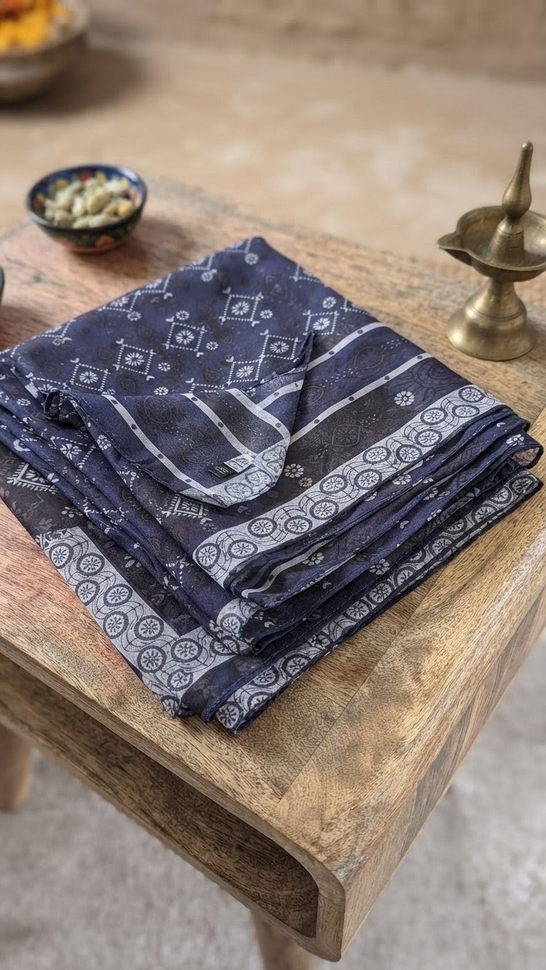 Handcrafted Sindhi Ajrak Block-Print Scarf / Shawl Blue