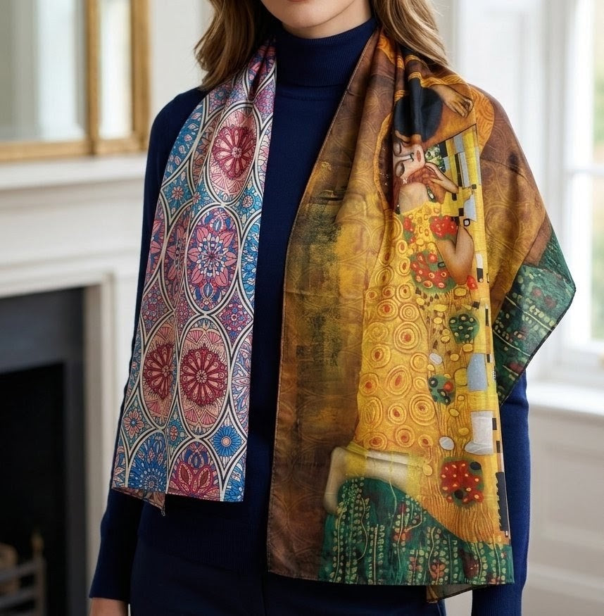 Gustav Klimt Reversible Art Scarf | Traditional Screen-Printed | 55" x 120" Statement Piece