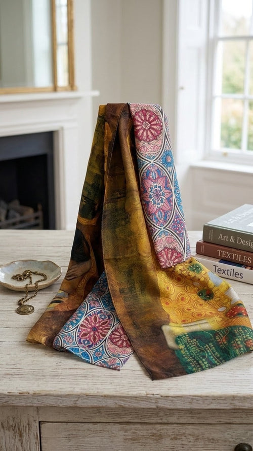 Gustav Klimt Reversible Art Scarf | Traditional Screen-Printed | 55" x 120" Statement Piece