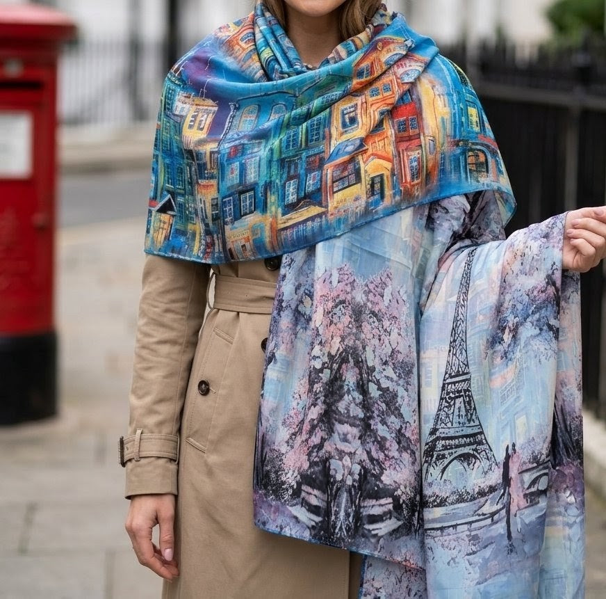 Travel Reversible Art Scarf | Traditional Screen-Printed | 55" x 120" Statement Piece