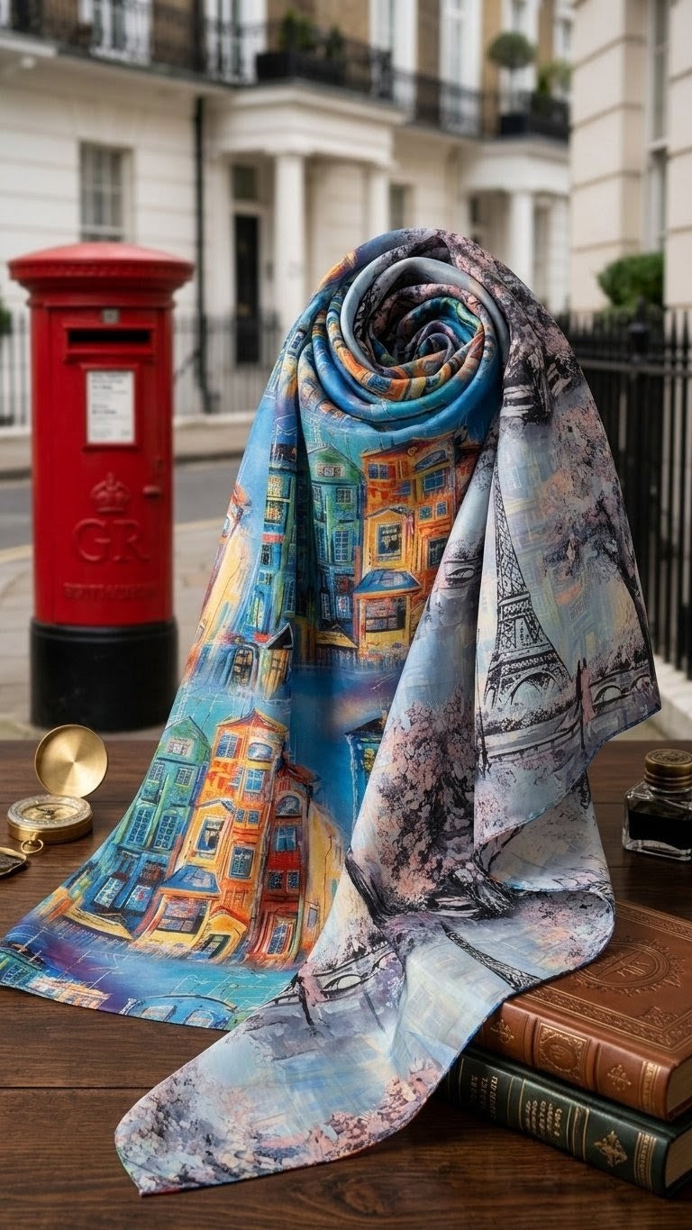 Travel Reversible Art Scarf | Traditional Screen-Printed | 55" x 120" Statement Piece