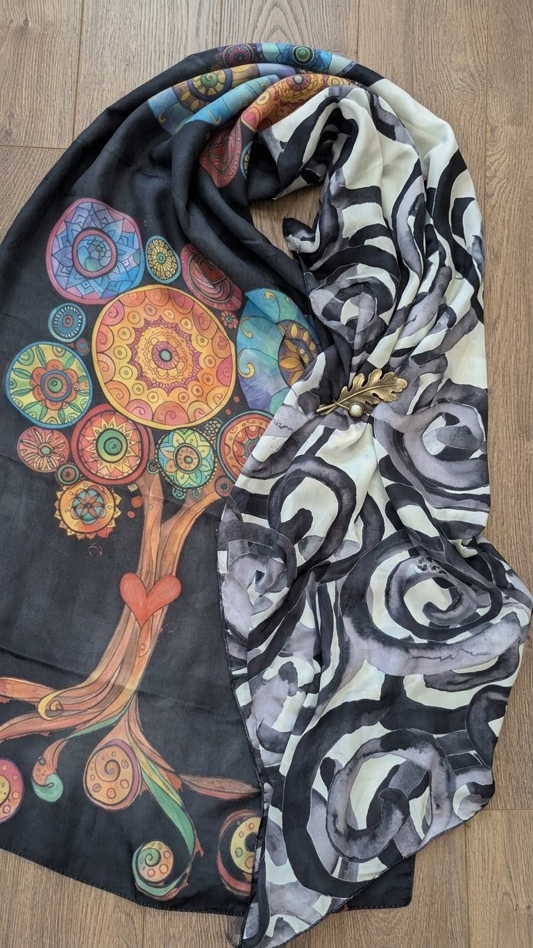 Tree of Life Reversible Art Scarf | Traditional Screen-Printed | 55" x 120" Statement Piece