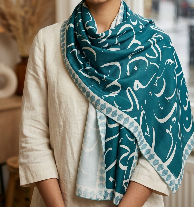 The Calligrapher's Stole – Shot Silk Traditional Screen-Printed Scarf (24" x 72")