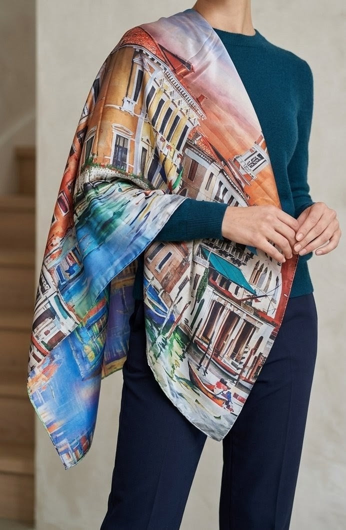The Grand Canal Wearable Art Silk-Feel Scarf / Statement Wrap