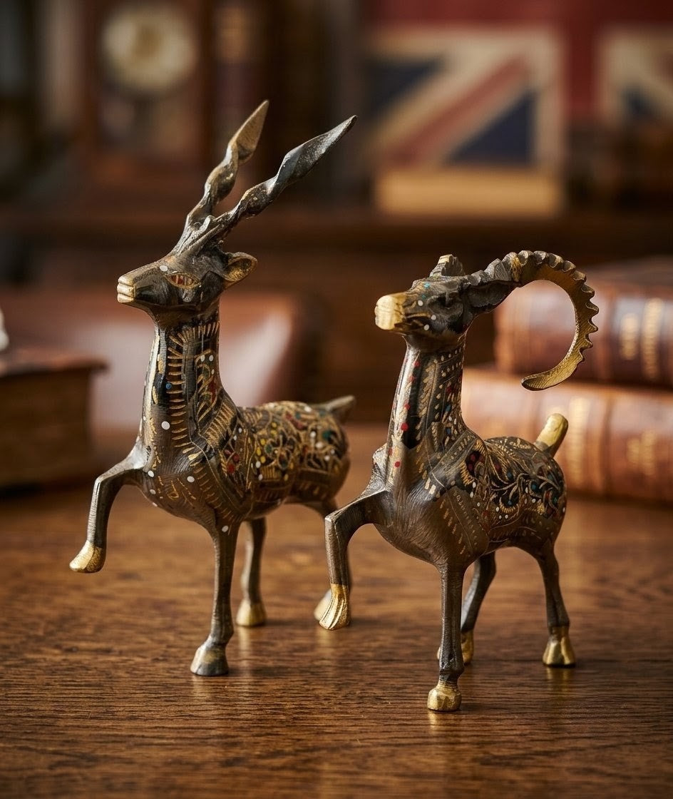 Artisanal Brass Deer & Ibex Sculptures | Hand-Carved & Enamelled Decor Pair (3.4" x 4")