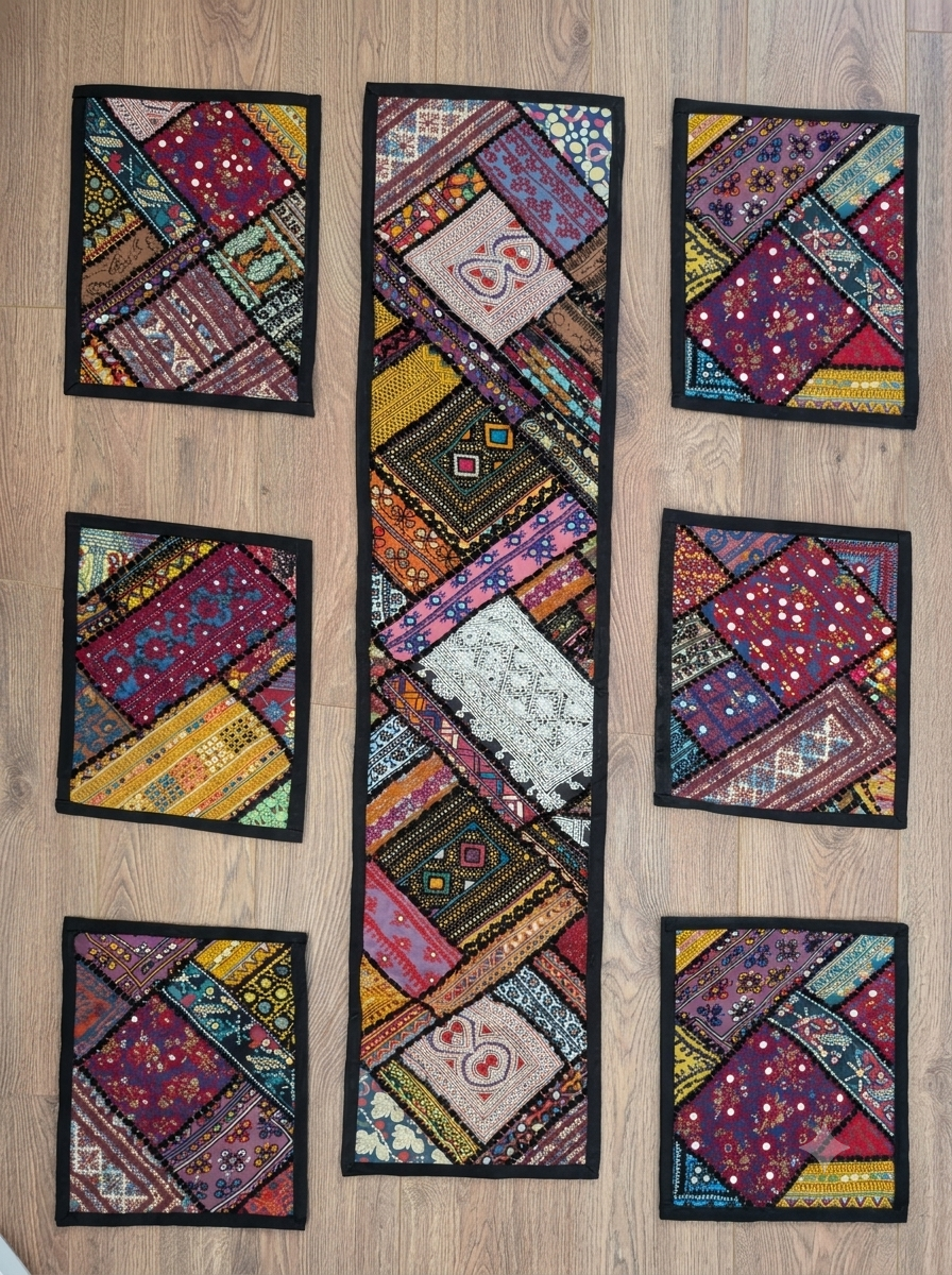 Traditional Handmade Vibrant Patchwork Dining Table Set (7-Piece)