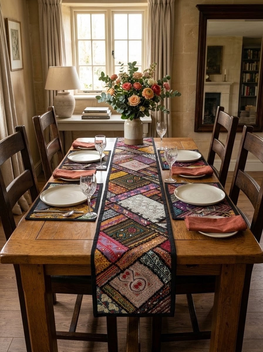 Traditional Handmade Vibrant Patchwork Dining Table Set (7-Piece)