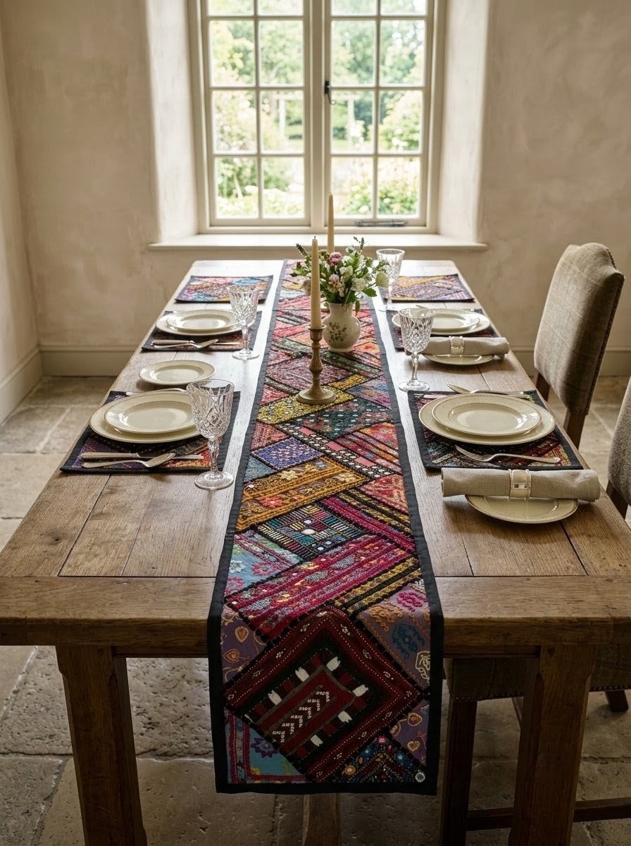Traditional Bohemian Patchwork Table Runner & 6 Placemats Set
