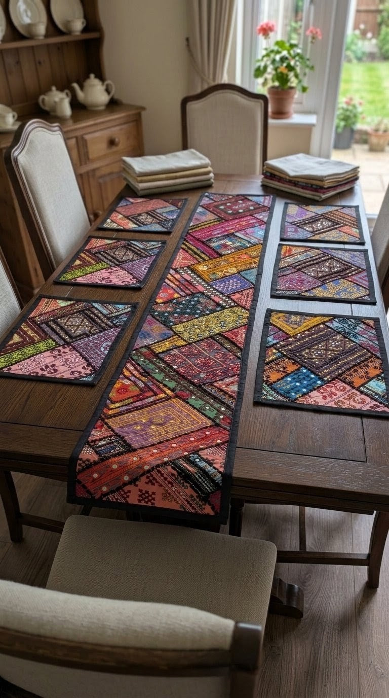 Bohemian Handcrafted Patchwork & Mirror-Work Table Runner + 6 Placemats