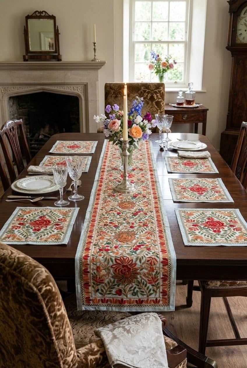 Traditional Artisan Embroidered Dining Table Set (1 Runner, 6 Placemats)