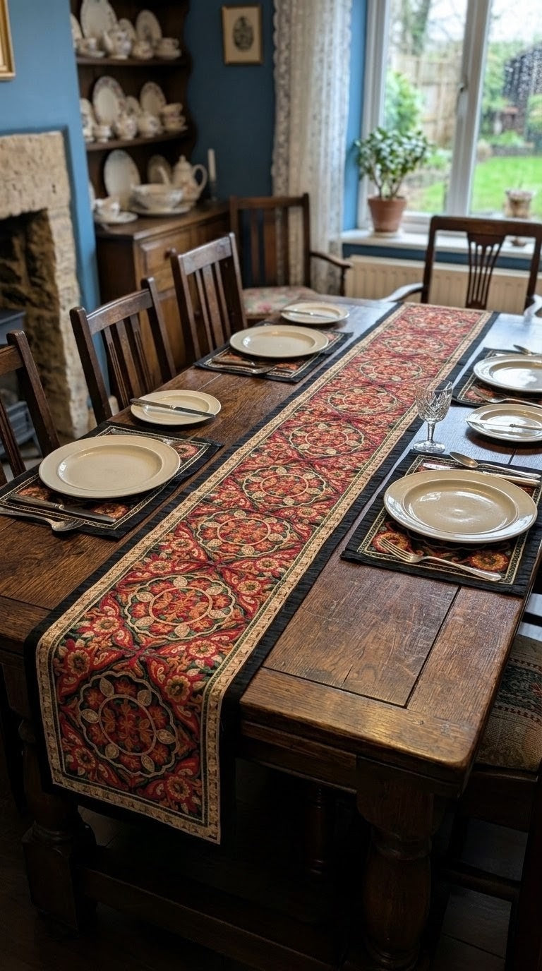 Midnight Medallion Homemade Embroidered Table Runner & 6 Placemats Set
