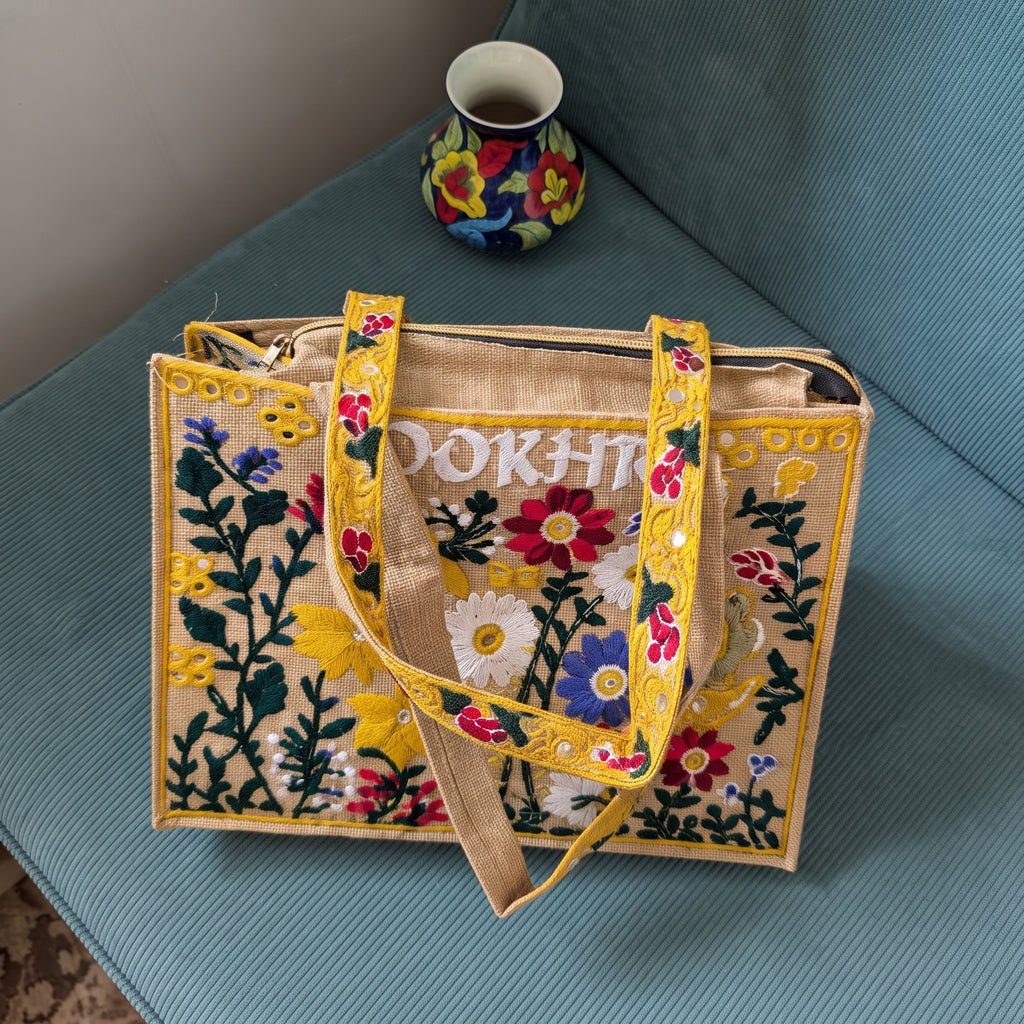 Handcrafted Jute Tote Bag with Traditional Multani Floral Embroidery