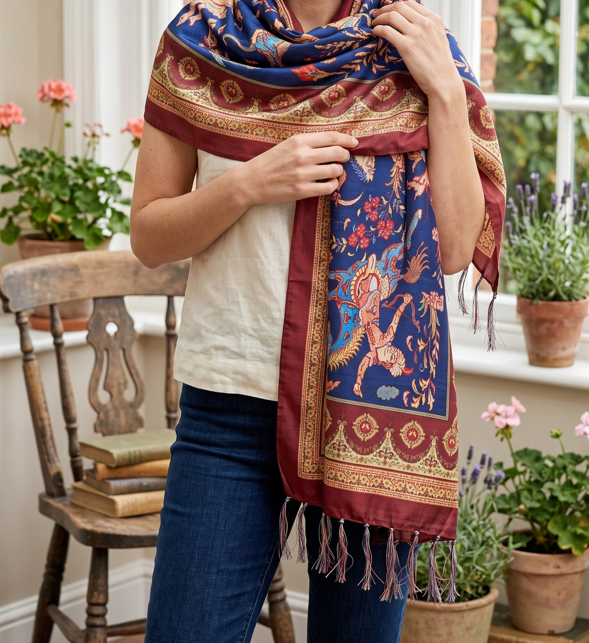 Luxury Persian Miniature Art Shot Silk Scarf | Traditional Screen-Printed Stole (90" x 170")