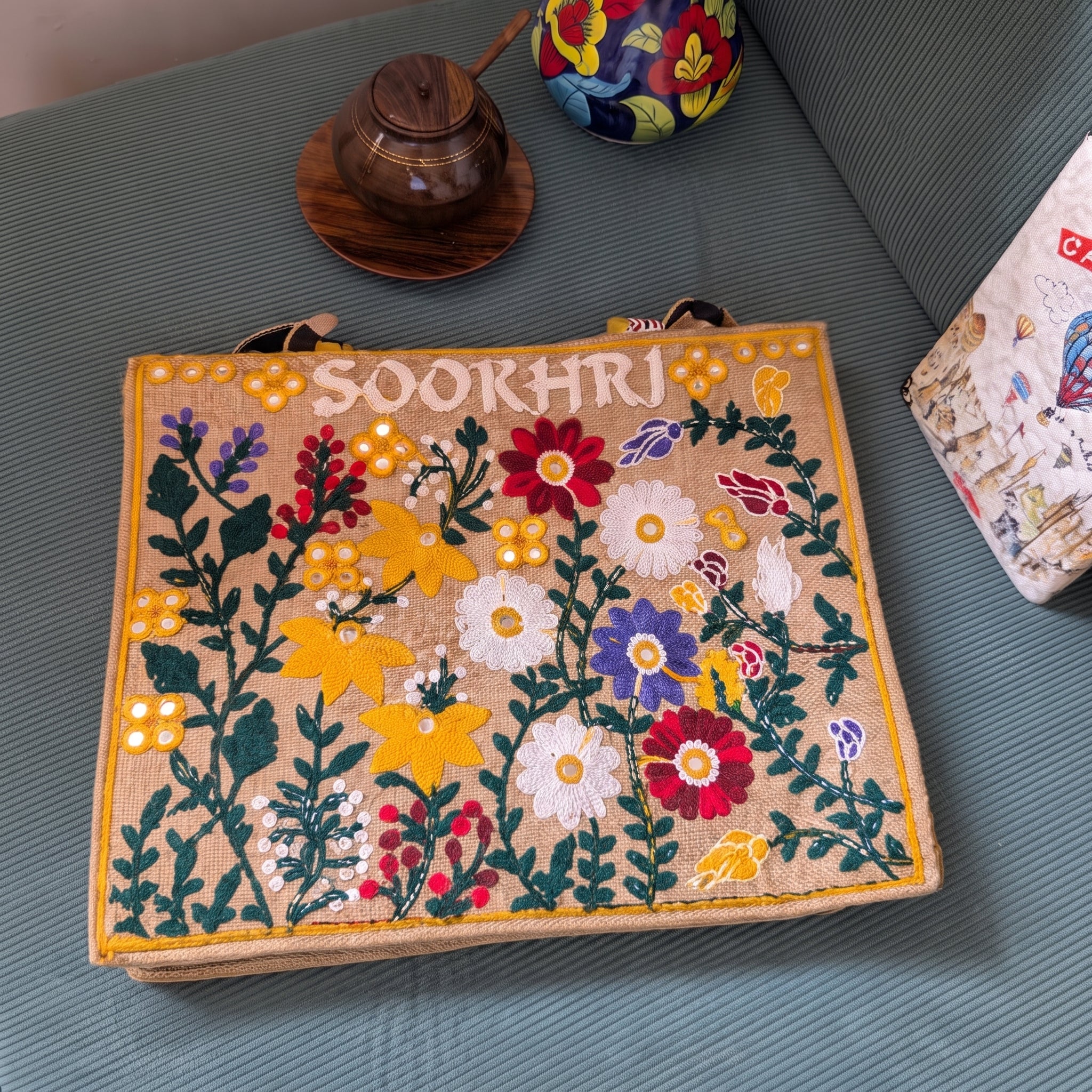 Handcrafted Jute Tote Bag with Traditional Multani Floral Embroidery