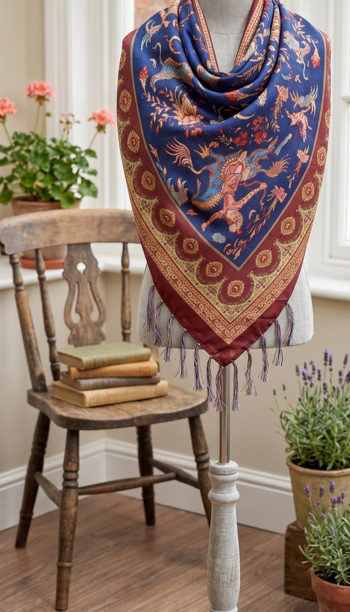 Luxury Persian Miniature Art Shot Silk Scarf | Traditional Screen-Printed Stole (90" x 170")