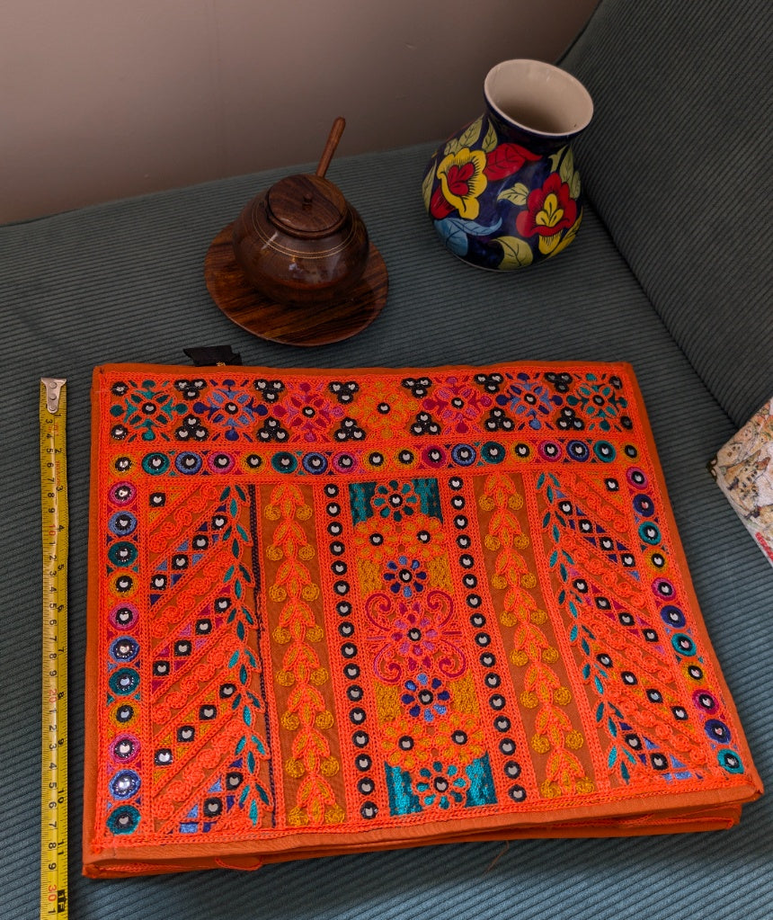 Handcrafted Orange Jute Tote Bag with Traditional Multani Geometric Embroidery
