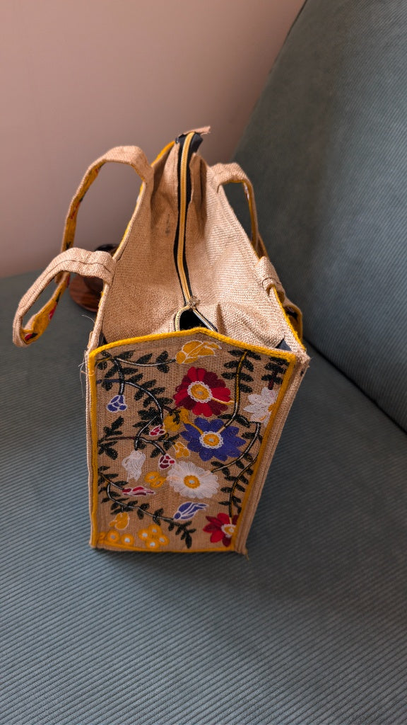 Handcrafted Jute Tote Bag with Traditional Multani Floral Embroidery