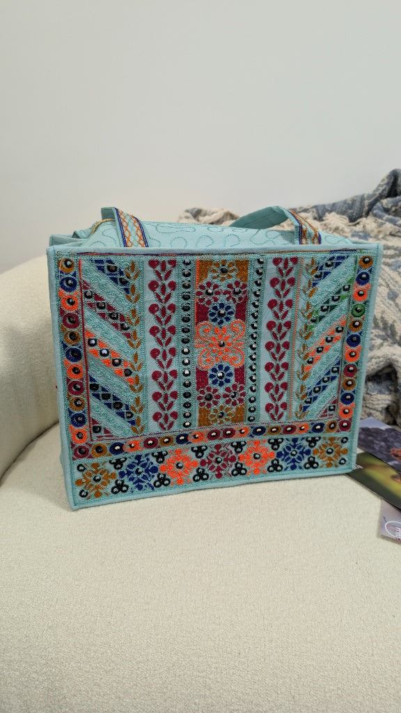 Handcrafted Light Blue Tote Bag with Traditional Multani Geometric Embroidery