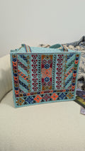 Handcrafted Light Blue Tote Bag with Traditional Multani Geometric Embroidery