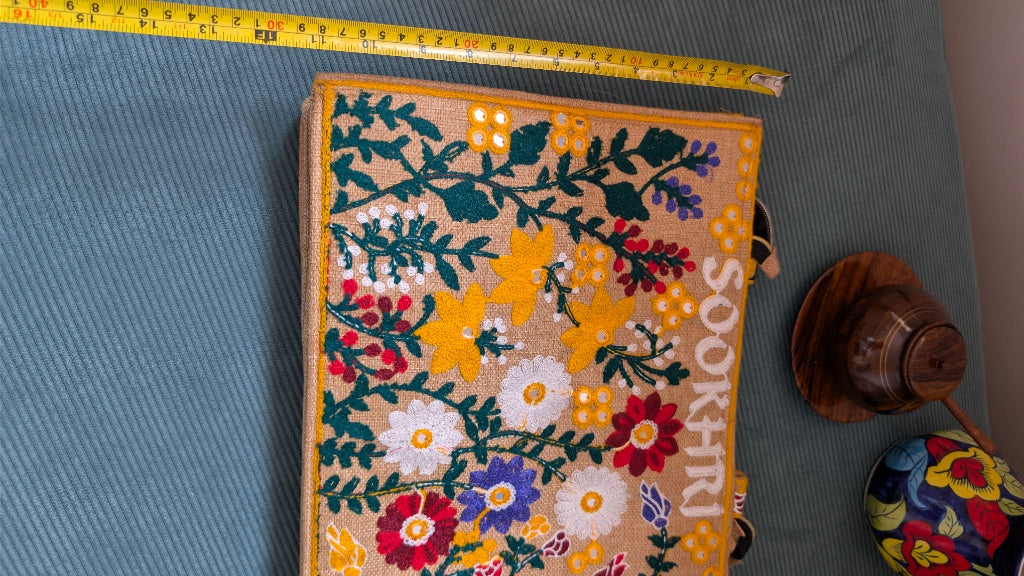Handcrafted Jute Tote Bag with Traditional Multani Floral Embroidery