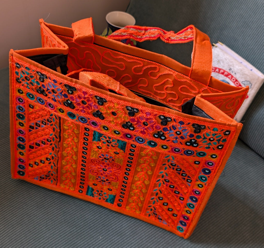 Handcrafted Orange Jute Tote Bag with Traditional Multani Geometric Embroidery